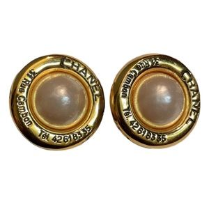 CHANEL Vintage Gold Tone Cambon 31 Faux Pearl Clip On Earrings